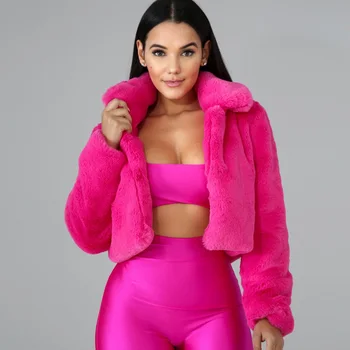 

2019 Winter Warm Fluffy Faux Fur Coat Jackets Women Furry Fake Fur Cropped Jacket Turn Down Collar Open Front Outerwear Overcoat
