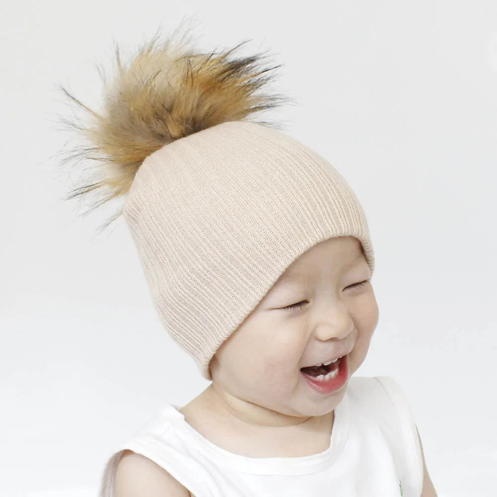 

2020 New Style Baby Hat Children Yarn Set of Head Cap Winter Hats 14-15CM Large Furry Ball Fox Fur Ball Hat Wholesale