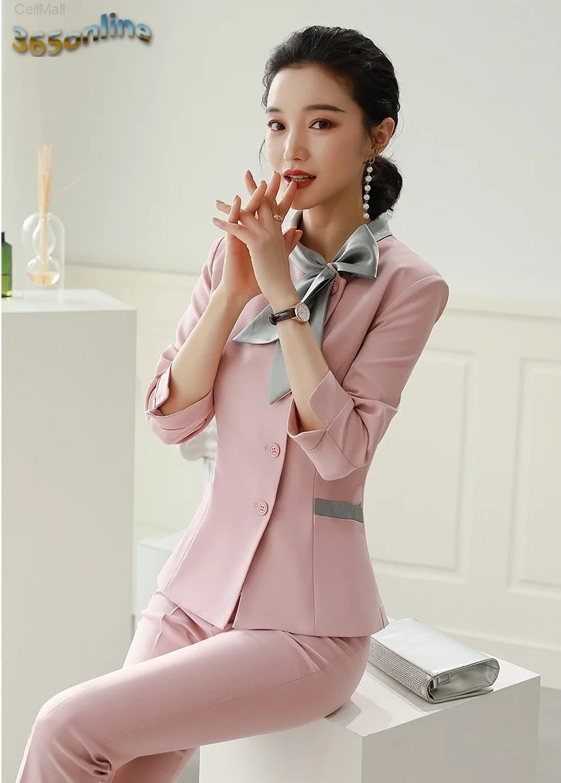 

Novelty Pink Spring Summer Formal Women Business Suits Pants and Jackets Coat with Scarf Ladies Professional Blazers Pantsuits