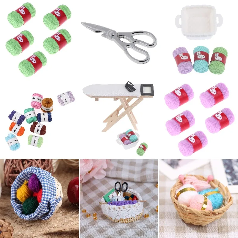 1:12 Dollhouse Miniature Wool Yarn Ball Needle Balls Wool Knitting Tool Basket Ironing Board Scene Set Dollhouse Home Decor
