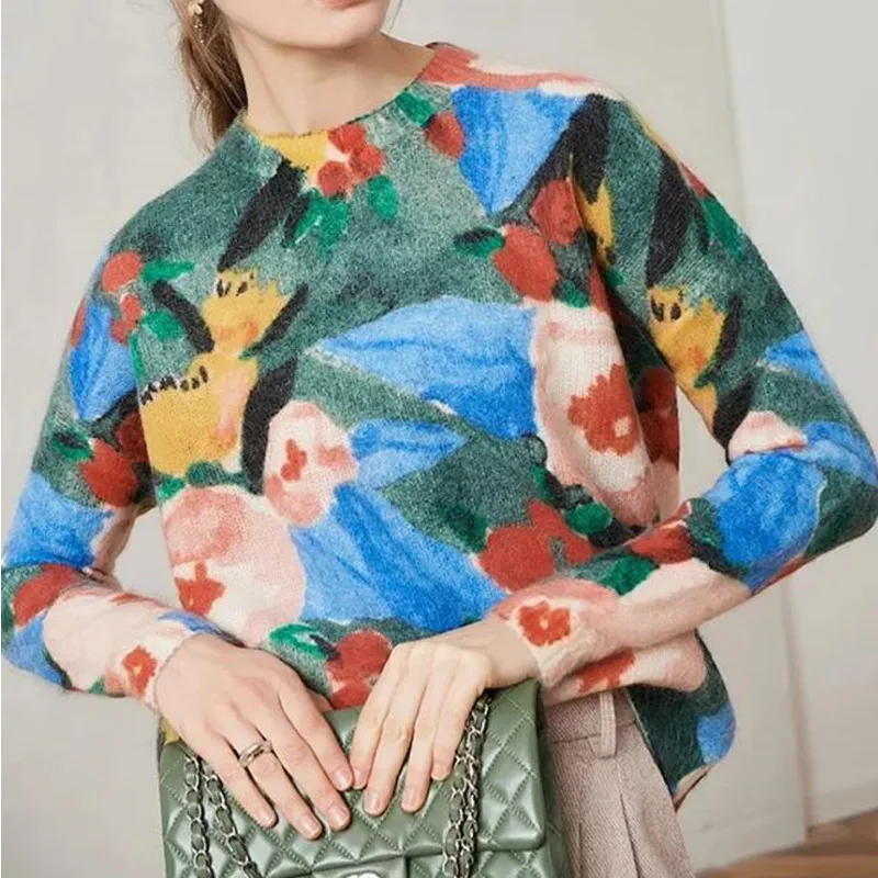 

Print flower 33% wool sweater and pullover jumper women spring winter warm mohair sweater high quality brand knitwear 2020 new