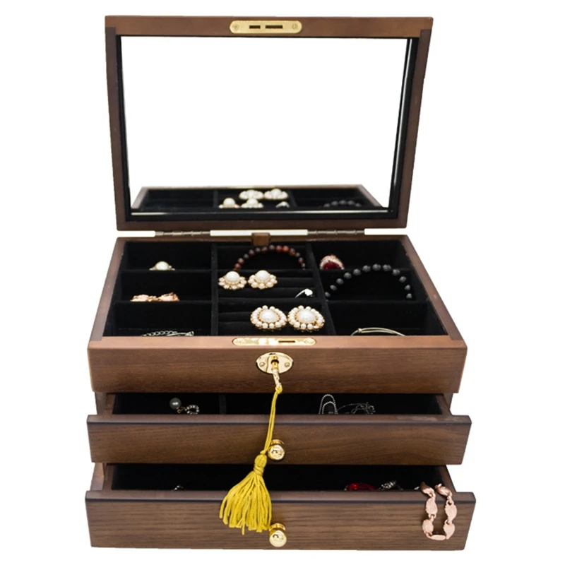 

New Wooden Extra Large Jewelry Box Jewellery Lock Cabinet Mirror Storage Case Trinket Armoire Casket Necklaces Earrings Hook