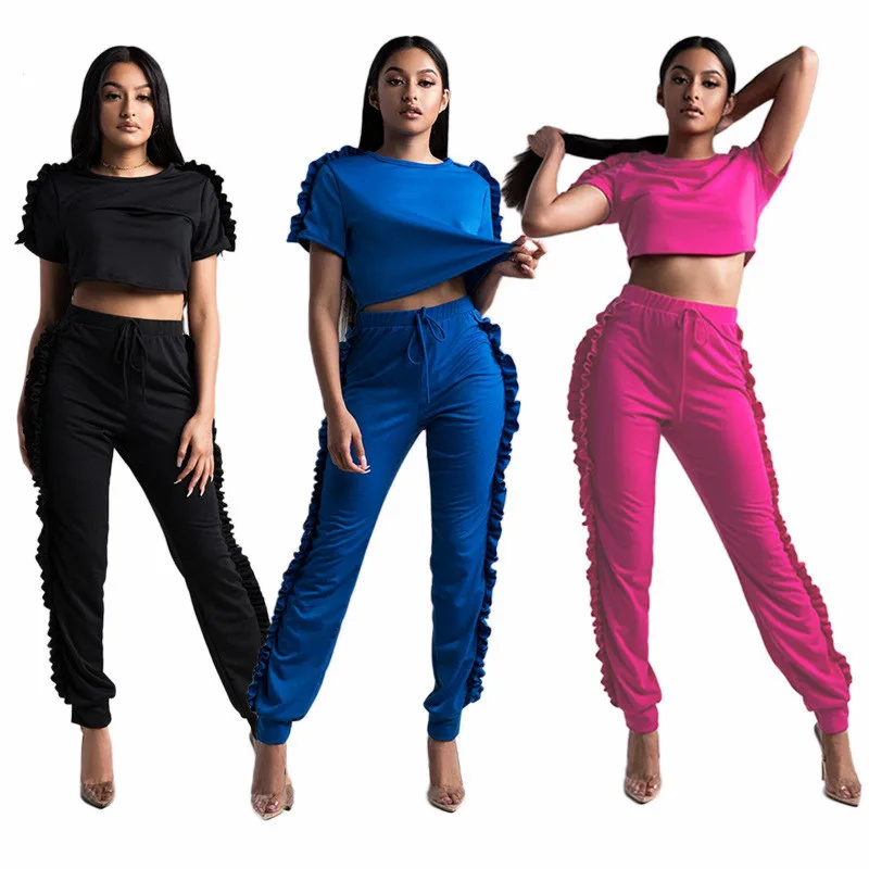 

New Women Personality Ruffles Pants and Short Sleeve Crop Top Two Piece Set Midriff-baring Clothes