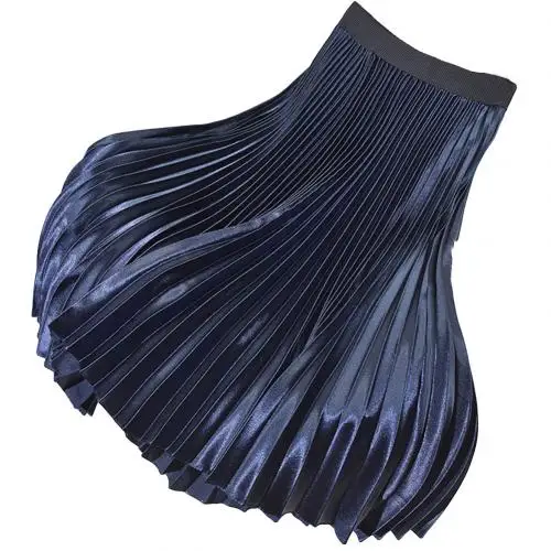 Navy Blue Винтажная Женская плиссированная юбка с высокой талией и эластичной лентой цвета металлик - Цвет: Navy Blue