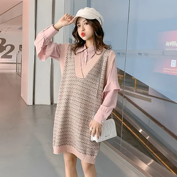 

Autumn Maternity Outfit Twinset Butterfy Sleeve turn-Down Collar Shirts+V-Neck Knitting Sundress Twinset Pregnancy Sweater Suits