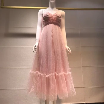 

Women Mesh Slip Dress Summer Dot High Waist Holiday Maxi Strappy Dress