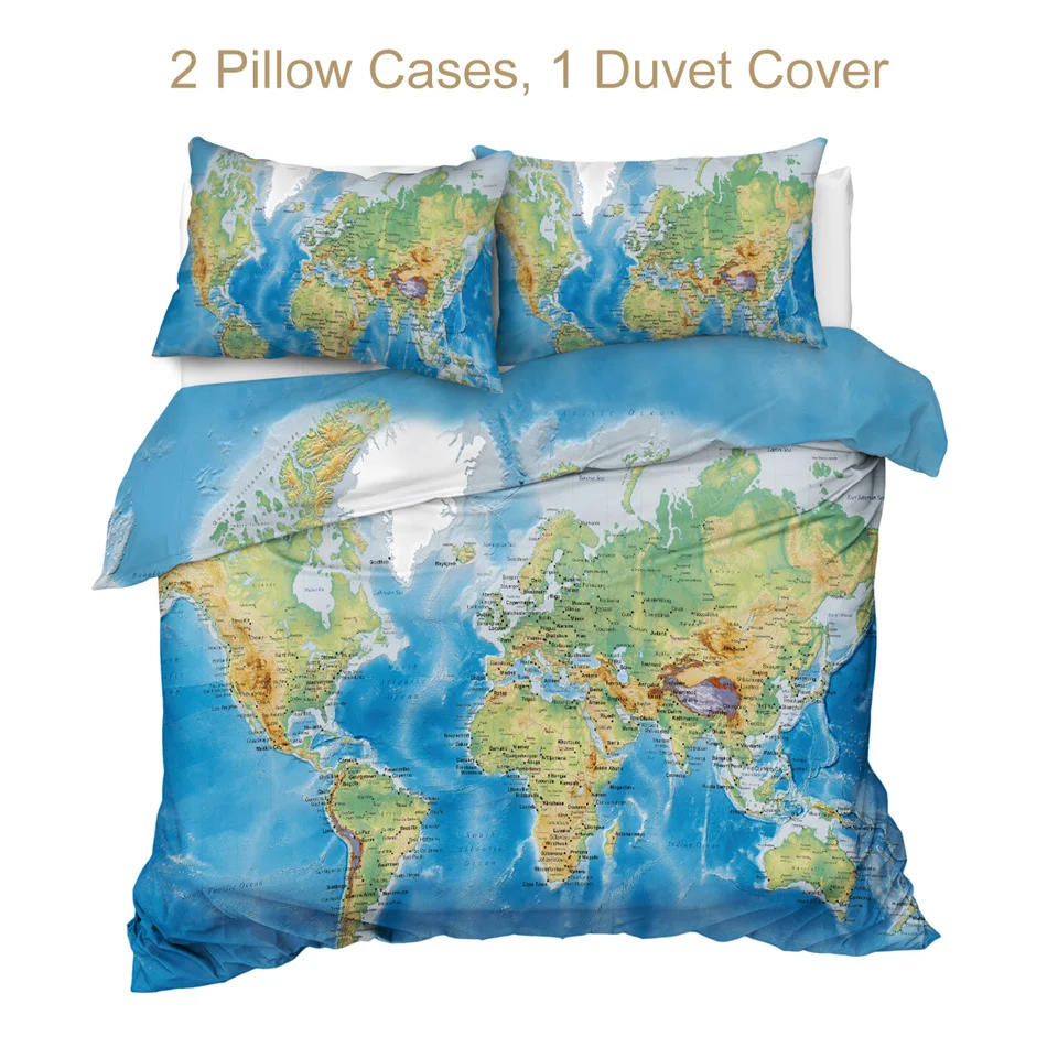 World Map Bedding Set Vivid Printed Blue Bed Duvet Cover with Pillow Covers Soft Cozy Home Textiles Queen Size 3pc BeddingOutlet