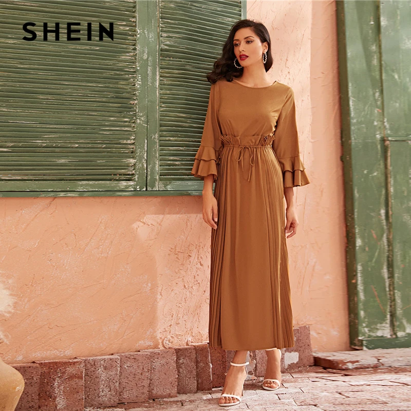 SHEIN Camel, элегантное Плиссированное многослойное платье с рукавами-колокольчиками и рюшами, женские платья макси с высокой талией, осень