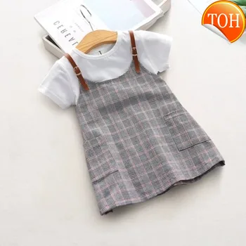 

Kids Plaid Dresses for Girls New Korean Baby Girl Princess Dress Children Short Sleeved Belt Fake Two-piece Dress 2-6 Years