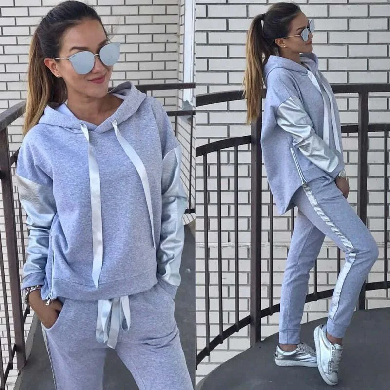 

Autumn Winter Tracksuit Women Two Piece Set Hooded PU Long Sleeve Sweatshirt Top and Pants Leisure Sports Suit Casual Outfits
