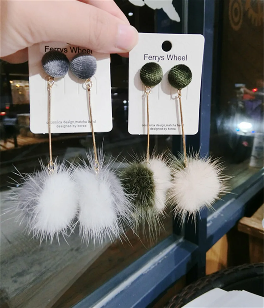 

Korean Japan Mink Hair Ball Patchwork Sweet Autumn Fall Winter Women Dangle Drop Earrings Fashion Jewelry-QQD5