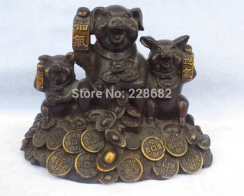 

Chinese old copper/bronze carved Many 3 pig brings coin,Luck, wealth withinto your home sculpture/ Feng Shui Statue ,Best gift
