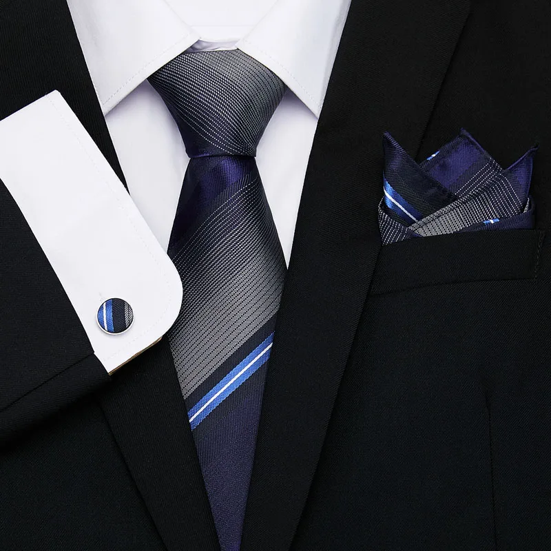 

Brand Corbatas New Solid striped Men's Wedding Necktie 8cm width Ties For Men Tie With Match Handkerchiefs 3pcs Set