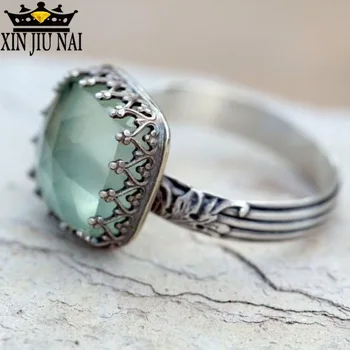 

Simple Mint Green Square Zircon Moonstone Ring For Women Ladies Fashion Retro Thai Silver Female Rings Jewelry Anillos Size 6-10