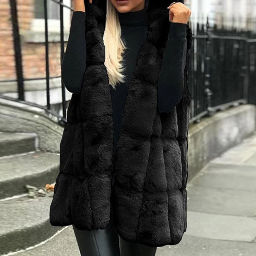 WENYUJH New Arrival Women Winter Vests Coats Faux Fur Gilet Vest Sleeveless Waistcoat Warm Femme Hooded Long Jacket Outwear