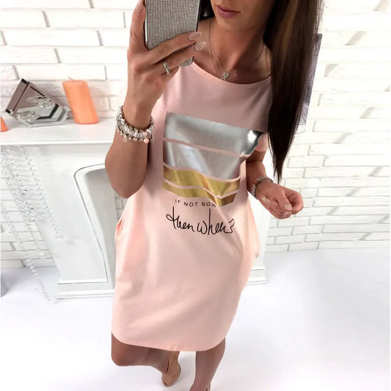 

Letter Print Dresses Women Summer Casual O-Neck Short Sleeve Ladies Dress Bronzing Breathable Vintage Female Party Dress Fashion