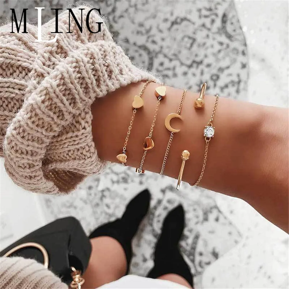 MLING Винтаж многослойный Кристалл геометрический браслет богемное сердце с Луной