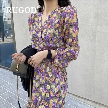 

RUGOD fashion daisy flower dress women elegant v neck long sleeve long dress chiffon dress for spring summer girl sundress 2020