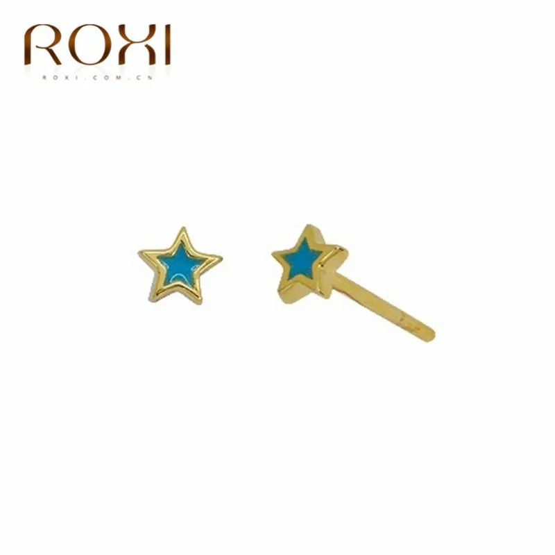ROXI 925 пробы, серебряные серьги-гвоздики с Луной и звездой для женщин, милые мини крошечные серьги с капающей масляной звездой, корейские модные ювелирные изделия, подарок