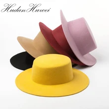 Высококачественные круглые плоские верхние шерстяные шляпы Fedora для женщин дамы широкие полями сплошной цвет вечерние шляпка для официальных мероприятий войлока Gambler cap