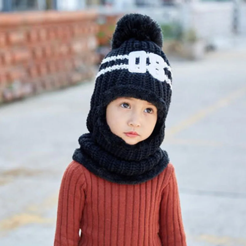 RUHAO/ модная шапка для родителей и детей, очень теплая зимняя Балаклава шерстяные шапочки, вязаная шапка и шарф для девочек и мальчиков 4-12 лет - Цвет: Kids black