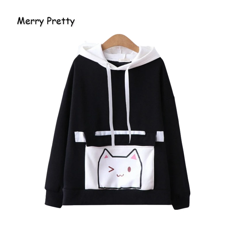 Merry Pretty женские толстовки с капюшоном и принтом кота из мультфильма зимние плотные бархатные спортивные костюмы с длинным рукавом Пуловеры