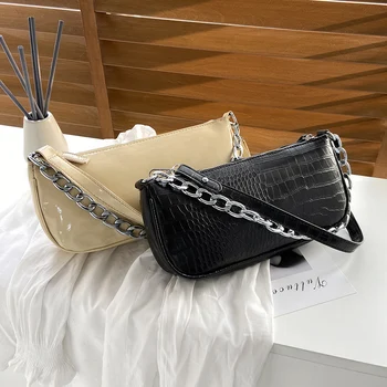 

Simple PU Leather Chain Shoulder Messenger Shoulder Clutch PU Leather Female Shoulder Crossbody Bags Solid Alligator Underarm