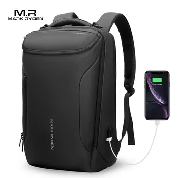 

15.6 Inch Notebook Backpack Black Contractive Leather Backpack for Men USB Charging Male Travel Backpack Nylon mens rucksacks