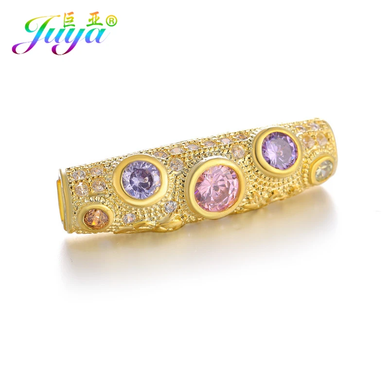 Juya DIY золотые/серебряные/розовые золотые разделительные бусины, поставки, микро проложенные циркониевые изогнутые трубчатые бусины для изготовления ювелирных изделий из натурального камня и жемчуга - Цвет: Gold