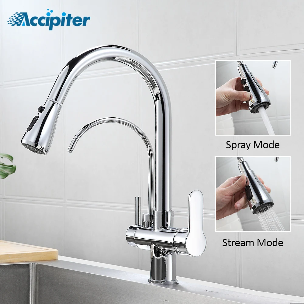 Chrome Filter For Kitchen Faucets Pull-Out 360 Degree Rotating 3 Ways Tap Hot Cold Water Mixer Brass Tap Filter Water Faucet