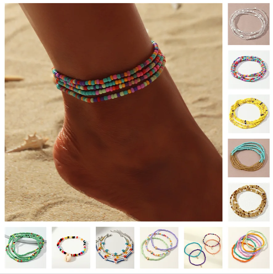 Bracelet de cheville perlé en verre tchèque coloré pour femmes, ensemble de bracelets de pied, pendentif en métal étoile et lune, perles faites à la main, cadeau mignon