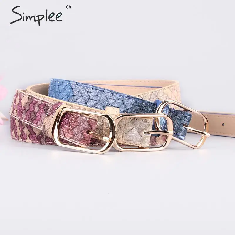 

Simplee Snake skin print female belt Pu leather gold square pin buckle waistband Women snake pattern dress jeans leather belt