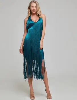 

2020 Women Summer Sexy Halter Criss Cross Tassel Knee Length Solid Blue Rayon Bodycon Bandage Dress Vestidos Female Club Dresses