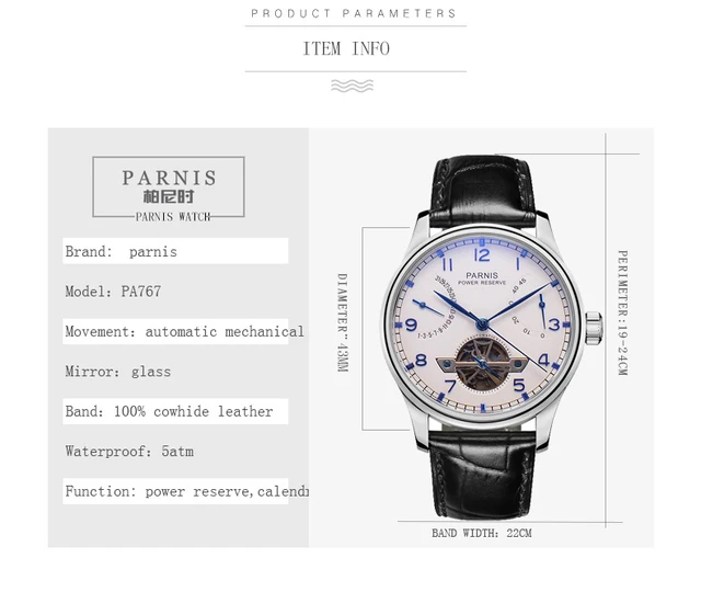 Power Reserve Parnis Watch Company Fashion Parnis 43mm Blue Dial