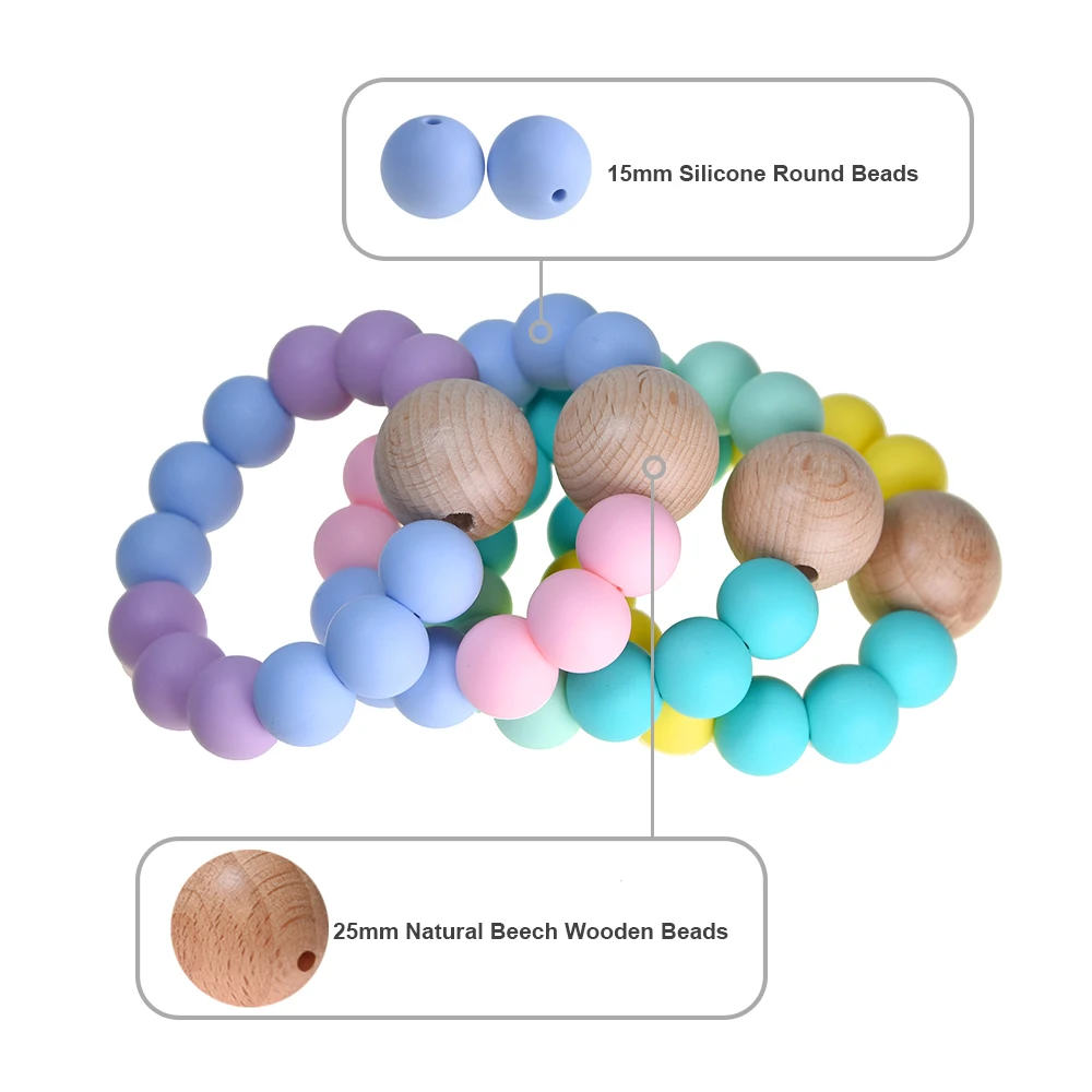 Mabochewing 1pcs Baby Teething Silicone Beech Wooden Round Beaded Bracelet Chewing Rattle Toys BPA FREE Teethers