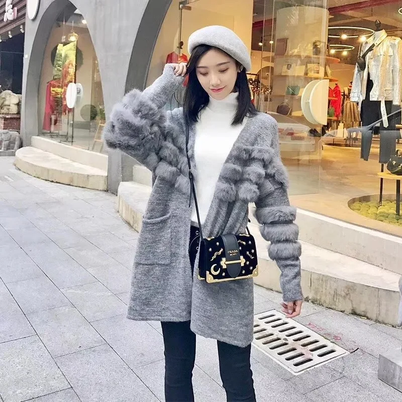 

Chic Women Long Fur Coat Winter Warm Real Rabbit Fur Jacket Ladies Furry Overcoat Jumper Long Sleeve Sweater Cardigan Outwear