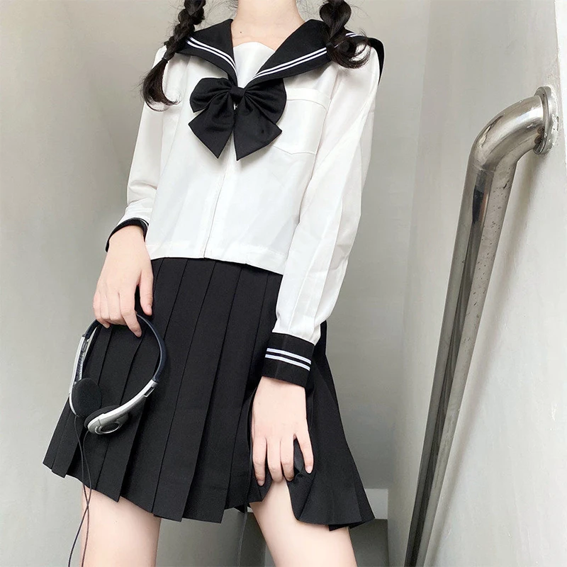 Japanese School Girl Uniform Plus Size JK Black Sailor Basic Cartoon Navy Sailor Uniform sets Navy Costume Women girl costume