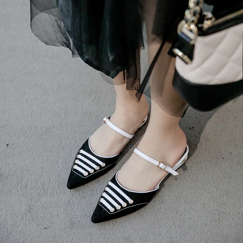 

2019 Spring New Style Closed-toe Semi-SLIPPER Women's Genuine Leather Mixed Colors WOMEN'S Shoes Pointed-Toe Flat Sandals Fashio