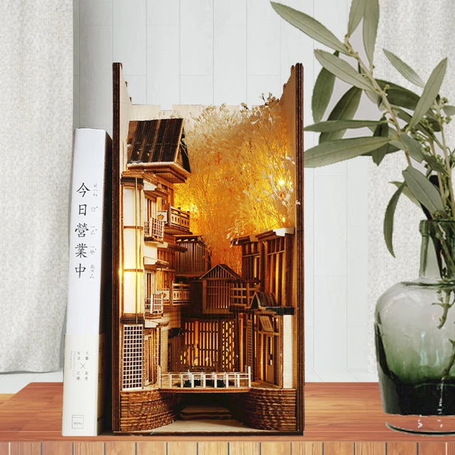 Spiriteds Away DIY Wooden Dragon Alley Book Nook Shelf Insert Kits Ginzan Onsen Building Bookends Anime Bookshelf Furniture Toys 1
