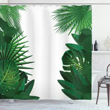 

Leaf Shower Curtain, Exotic Fantasy Hawaiian Tropical Palm Leaves with Floral Graphic Artwork Print, Cloth Fabric Bathroom Decor