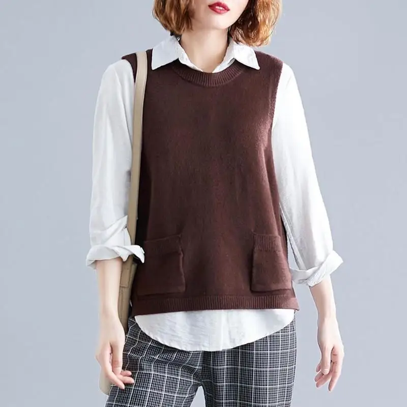 

Women Vintage Solid Color Sleeveless O-Neck Knitted Vest Button Female Casual Tank Tops Pullover Oversize Loose Vests