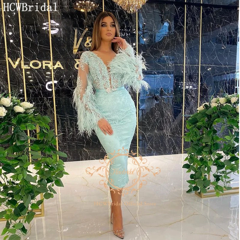 Mint Green Long Sleeves Prom Dresses With Feathers V Neck Sheath Lace Arabic Short Prom Gowns 2021 Robe De Soiree green prom dress