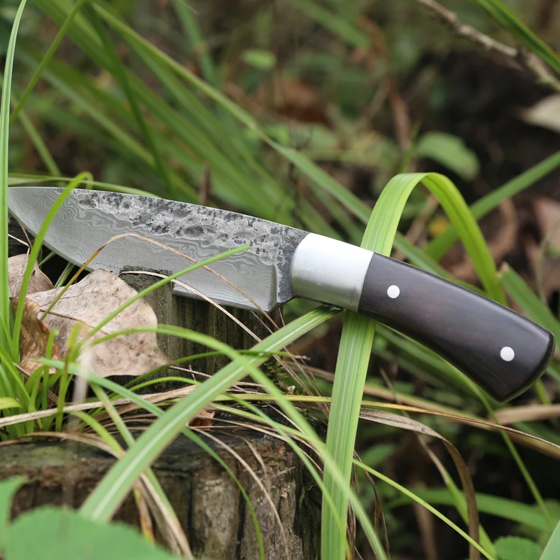 

Hot Straigh Handmade real Damascus steel hunting knife 60HRC Damascus Steel camping fixed knife ebony handle with Leather sheath