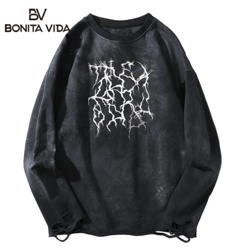 

Bonita Vida Ripped Destoryed Hole Lightning Print Pullover Sweatshirts Hoodies Streetwear Hip Hop Hipster Punk Rock Casual Tops