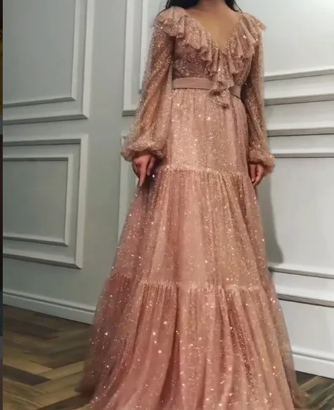 Розовая Румяна для выпускного вечера платья с длинным рукавом Bling V образным вырезом A Line вечернее платье Vestido De