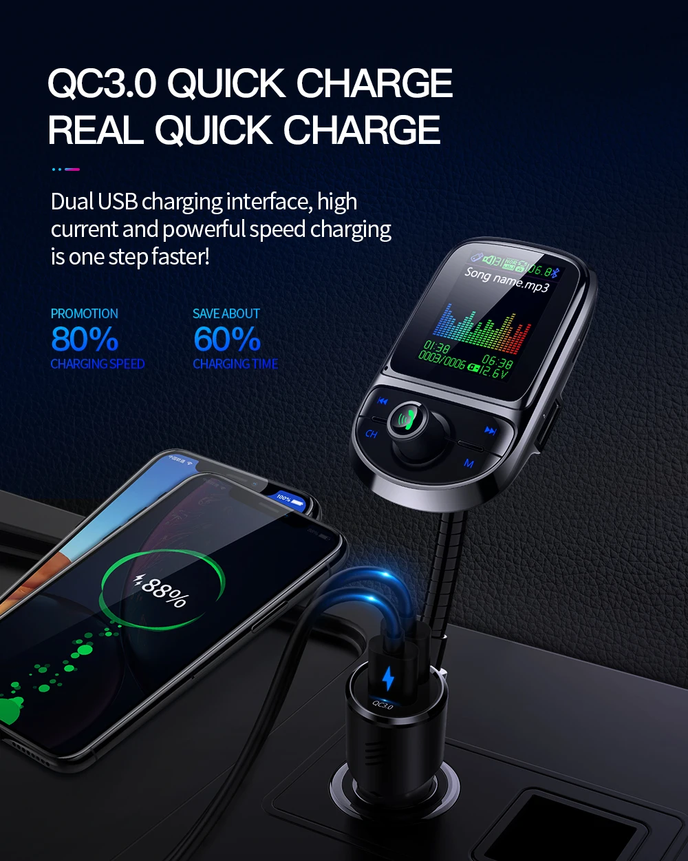 Автомобильный fm-передатчик, Bluetooth 5,0, беспроводной модулятор, Mp3 плеер, QC 3,0, двойное USB зарядное устройство, голосовая передача, автомобильный mp3-плеер
