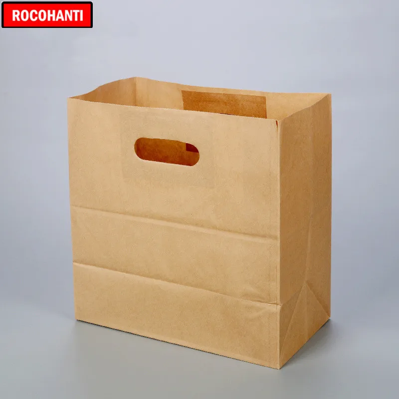 

100X Custom Logo Printed Recycled Brown Kraft Paper Shopping Bags with Handle for Bread Bespoke Fast Food Take Away Bag