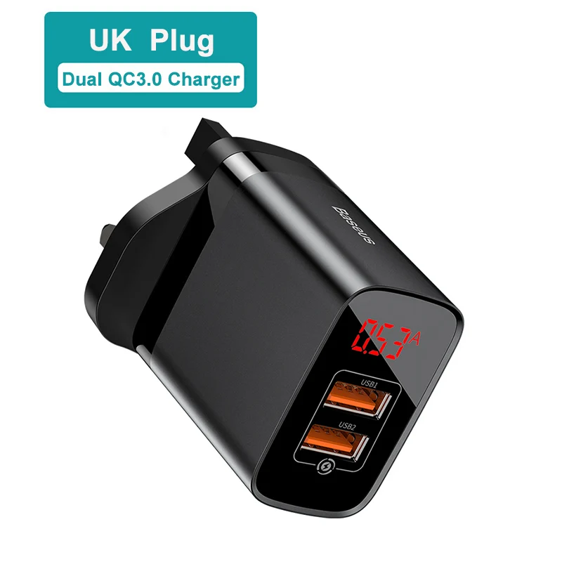 Baseus UK Quick Charge 3,0 USB Зарядное устройство 18W PD быстрый автомобиль телефон Зарядное устройство с FCP AFC для huawei P30 Pro samsung S10 iPhone 11 Pro XR - Тип штекера: UK Dual QC3.0 BLACK