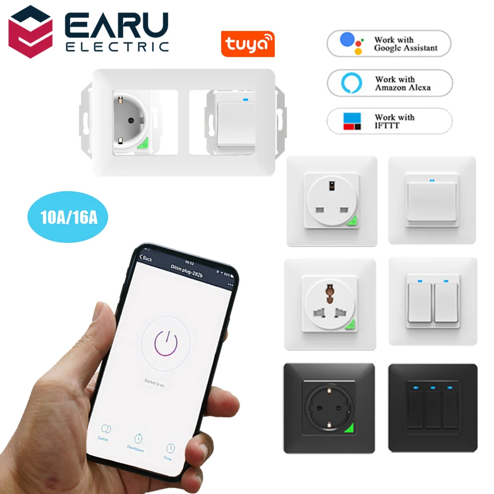 Earu SWP86 WiFi Smart Timer Wall Switch Push Button Socket EU UK Power Outlet Smart Life Tuya Remote Control Alexa Google Home