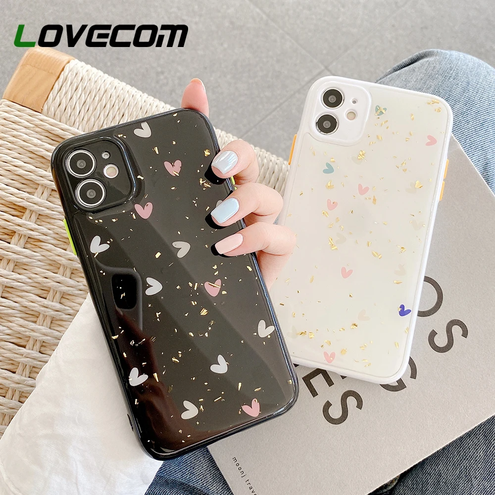 LOVECOM Cute Heart Gold Foil Phone Case For iPhone 13 12 11 Pro Max XR XS 7 8 Plus Soft Epoxy Shockproof Back Cover Coque | Мобильные